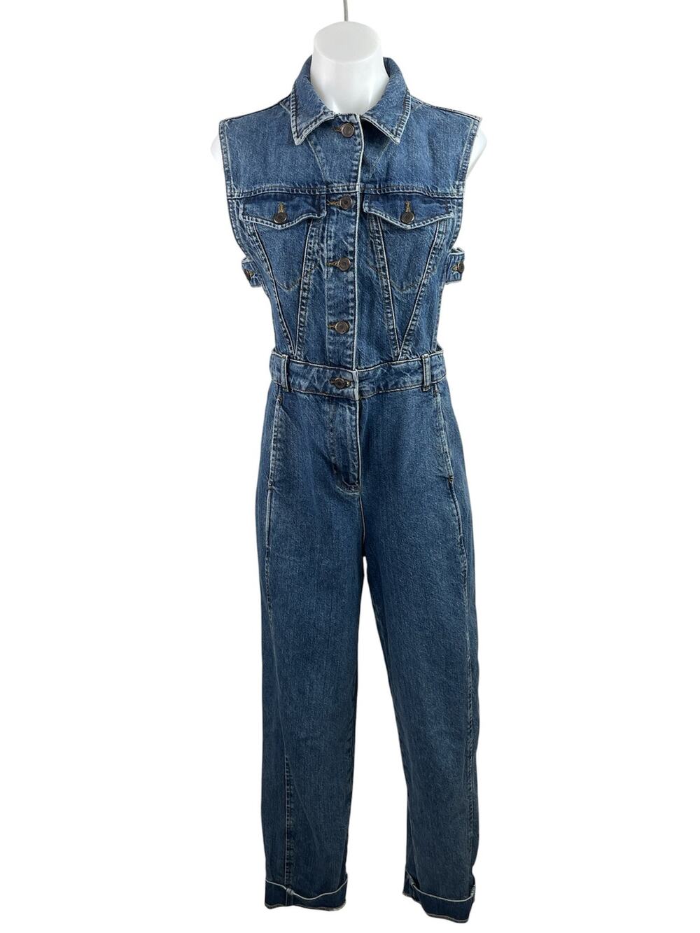 Topshop Women's Blue Sleeveless Denim Jean Button Up Overalls Jumpsuit Size M